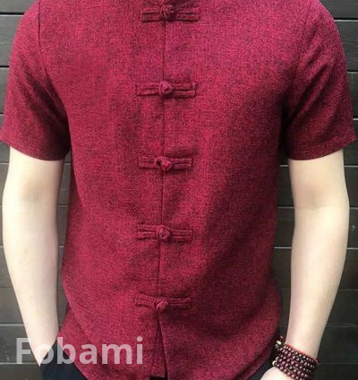 Chinese Style Men Shirt Button Stand Collar Short Sleeve Casual Loose Tops